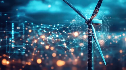 A wind turbine generating electricity beside a digital interface, representing the synergy between renewable energy and advanced technologies