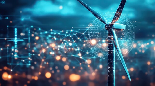 A wind turbine generating electricity beside a digital interface, representing the synergy between renewable energy and advanced technologies - Powered by Adobe