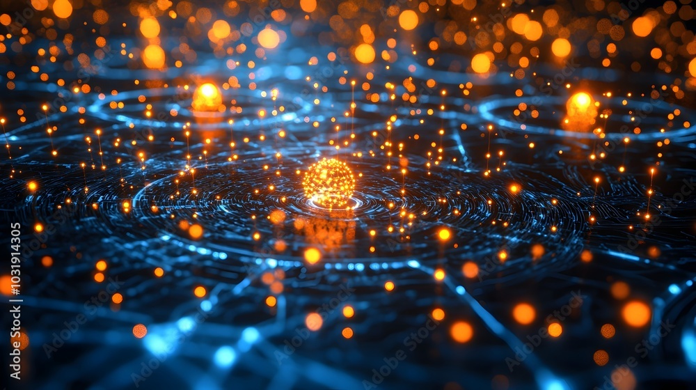 Wall mural quantum internet hub with glowing entangled particles in futuristic high tech environment