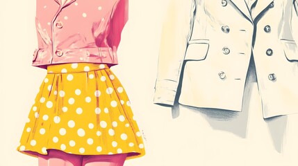 Vintage illustration of women's outfits from the 1960s, featuring pink and yellow colors