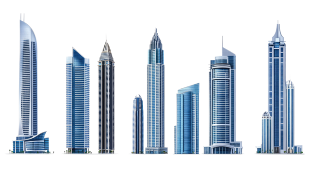 Modern Skyscraper Buildings Collection on a Transparent Background Generative AI