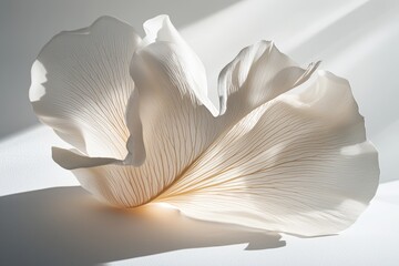 A single rose petal with visible veins and soft edges, its delicate texture highlighted against a white backdrop