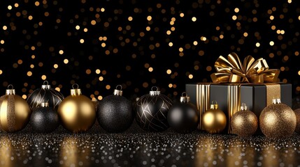 Elegant Christmas ornaments and gift box on a sparkling background.