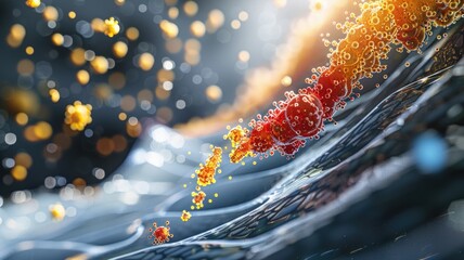 Abstract molecular science visualization with dynamic cellular particles and biochemistry elements