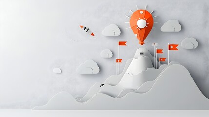 Stylized Paper Cut Out Mountain Peaks with Colorful Flags Symbolizing Key Milestones and Achievements in a Business or Corporate Journey