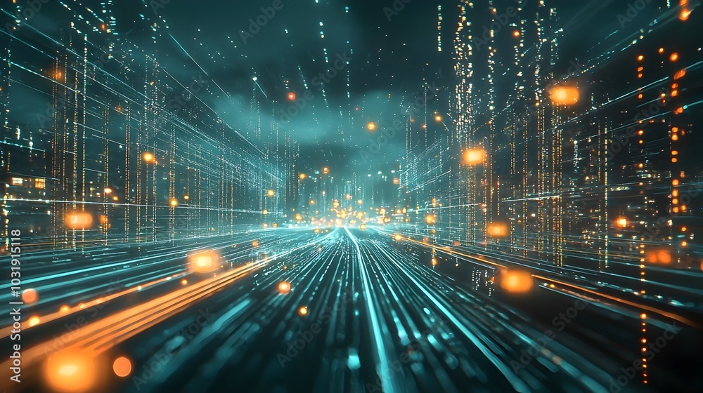 Poster visualizing a futuristic digital twin city powered by a quantum internet network monitoring real tim