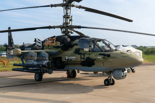 Static parking lot at MAKS-2013. Russian two-seat reconnaissance and attack helicopter Ka-50 "Alligator" (NATO - Hokum B). Close-up. Zhukovsky, Russia - August 30, 2013