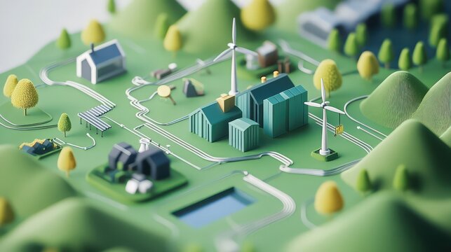 An animated diagram a green energy supply chain, illustrating the flow renewable resources from production to consumption
