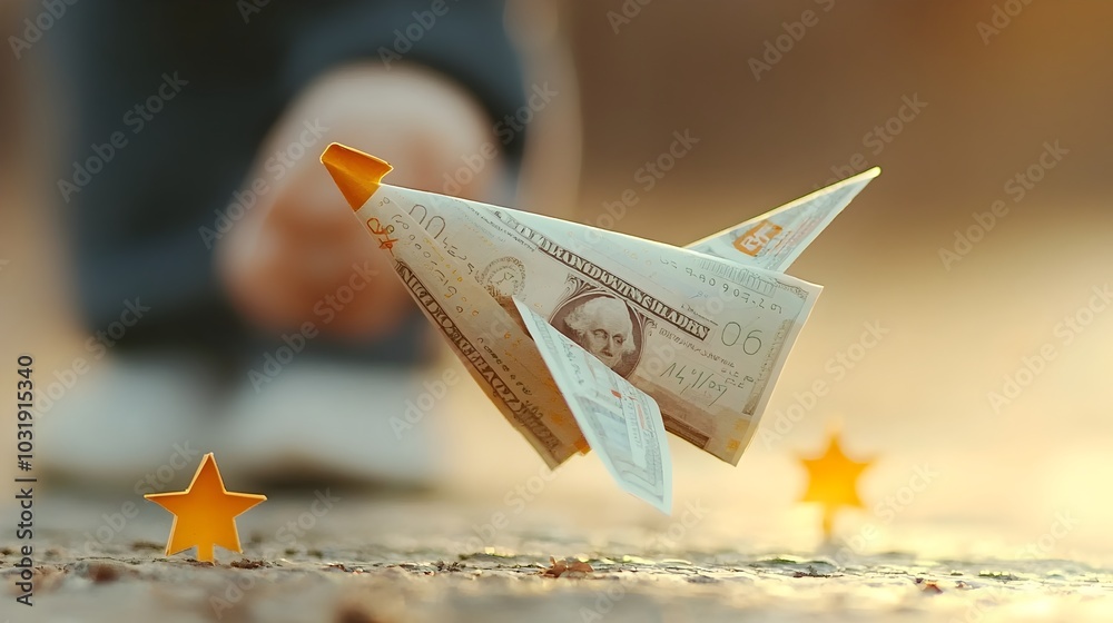 Poster symbolic paper airplane crafted from banknotes representing financial growth investment opportunitie