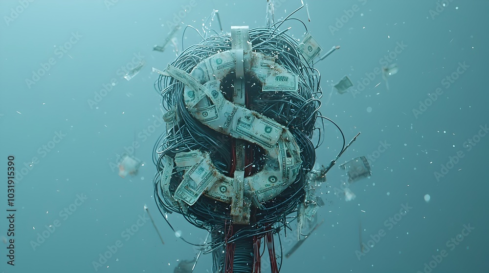 Poster tangled and disorganized cables forming the shape of a dollar sign symbolizing the financial challen