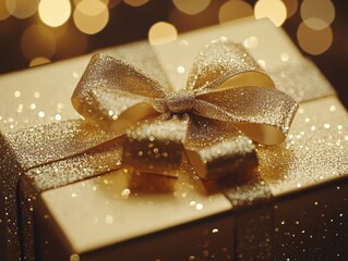 Elegant golden gift box with shimmering ribbon, festive celebration background.