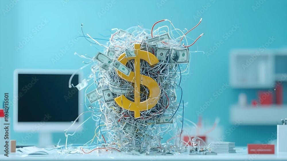 Poster tangled web of cables forming the shape of a dollar sign symbolizing the complex financial and busin