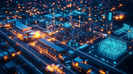 Obraz premium Illuminated Smart Grid System in a High Tech Industrial Park with Optimized Energy Usage and Waste Reduction