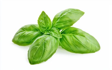 A sprig of fresh basil leaves, rich in green color and texture, isolated on a white background