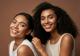 Two smiling women with different hairstyles pose together against a warm brown backdrop in a bright and cheerful atmosphere