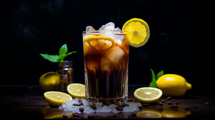 Mazagran coffee stock image, Glass of coffee with ice and lemon