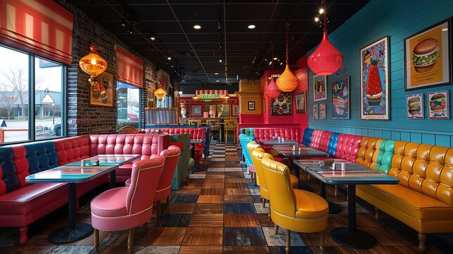 A vibrant restaurant interior featuring colorful seating and whimsical decor.
