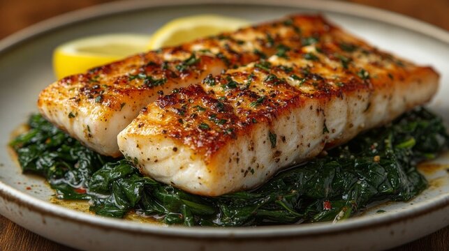 Delicious pan-seared red snapper with spinach.