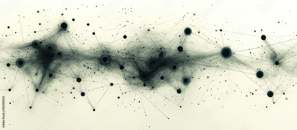 Sticker abstract network with black dots connected by thin lines on a white background.
