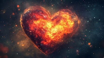 Fiery Heart of the Cosmos. Burning Love in Space, Abstract Digital Art of Passion and Romance.