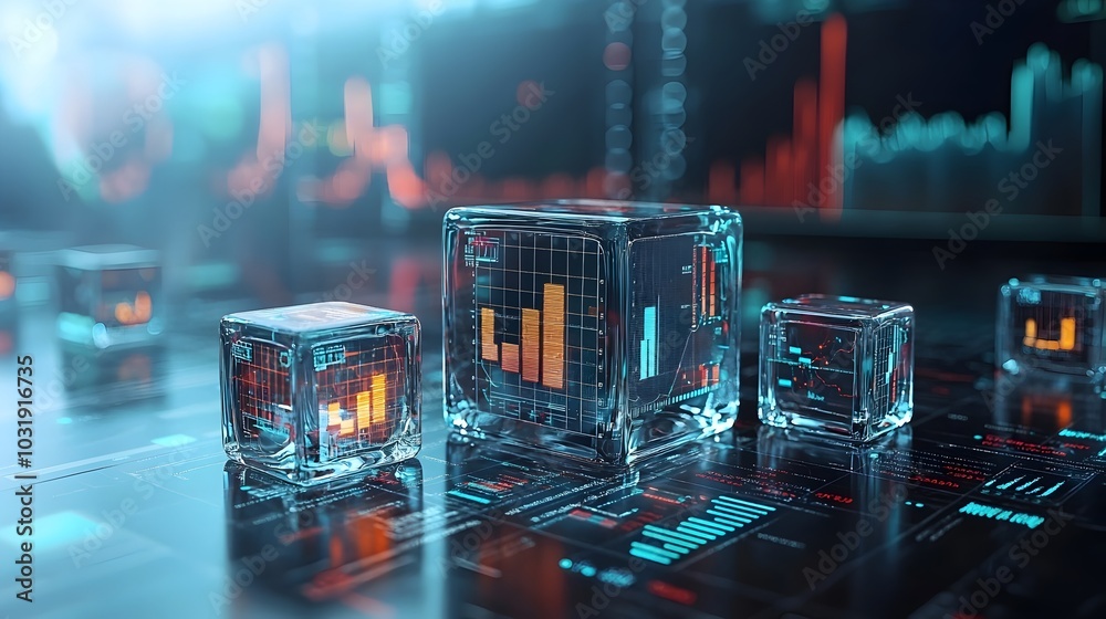 Poster Transparent glass cubes containing graphs and charts symbolizing the visualization and analysis of data information