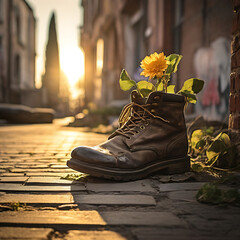 Boots with flowers inside, in the city