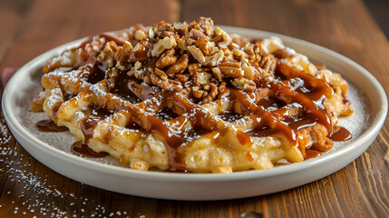 A funnel cake with caramel sauce and nuts