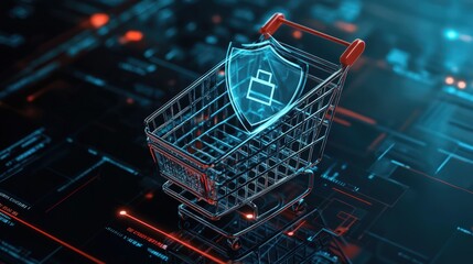 An e-commerce shopping cart surrounded by a digital shield, emphasizing the importance online business insurance