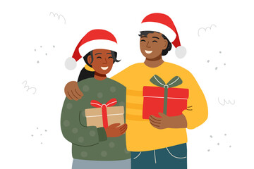 Family Christmas celebration. Man and woman in Santas hats holding gift boxes isolated on white. Christmas card.	