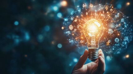 A glowing lightbulb with a network of icons and symbols around it held by a hand.