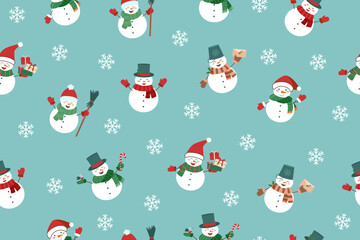 Christmas seamless pattern of Snowmen on blue background. Christmas paper.