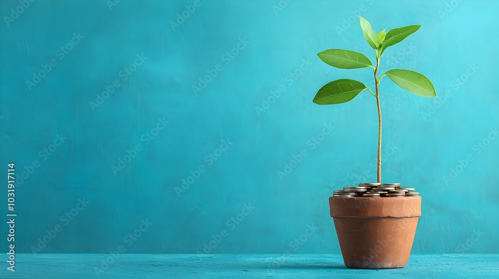 Poster tree growing from coins arranged in a pot concept of financial sustainability and profitable busines