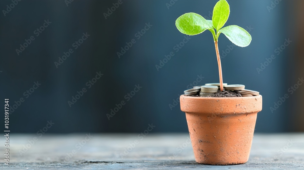 Poster tree growing from coins arranged in a pot concept of financial sustainability wealth prosperous futu