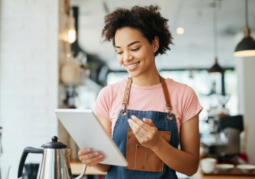 A young woman with curly hair smiles while using a tablet in a cozy café during the morning rush