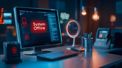Unattended front desk monitor displaying a  System Offline  message indicating a technological breakdown or malfunction in the business or office environment