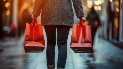 Person shopping with red bags on a city street during evening light.