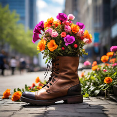 Boots with flowers inside, in the city