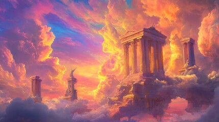 A fantasy illustration of ancient ruins floating in the clouds at sunset.