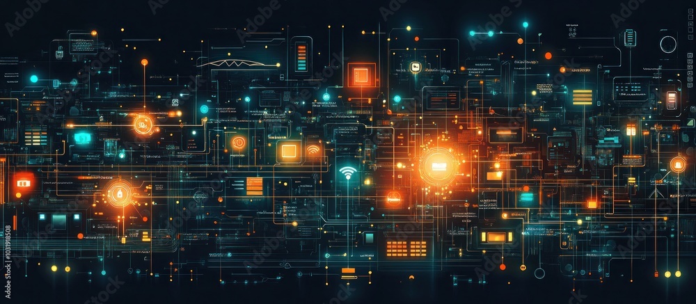 Wall mural abstract digital network with glowing nodes and lines, representing global interconnectedness.