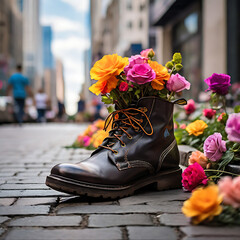 Boots with flowers inside, in the city