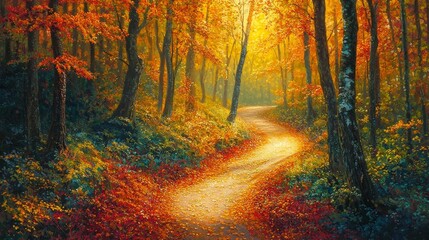 Fototapeta premium a winding path through a dense forest, where vibrant autumn leaves in shades of orange, red, and yellow cover the ground