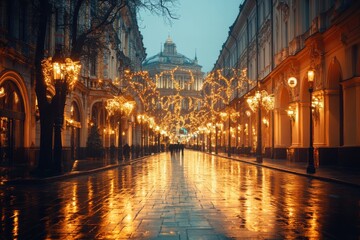 Naklejka premium Scenic street illuminated by warm lights during a rainy evening.