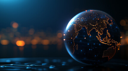 A detailed globe with glowing continents and stars, symbolizing global connectivity and technology.