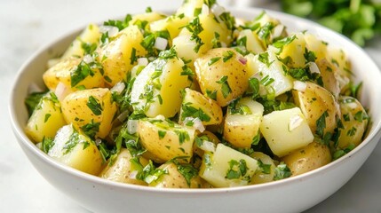 potato salad served in a simple, white ceramic bowl