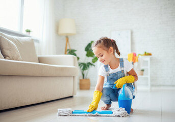 Young girl in yellow gloves happily cleaning the living room floor with a mop and bucket in bright, cozy home