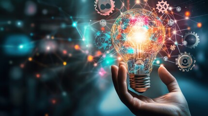 A glowing light bulb with gears and connections surrounding it, held in a hand, representing innovation and ideas.