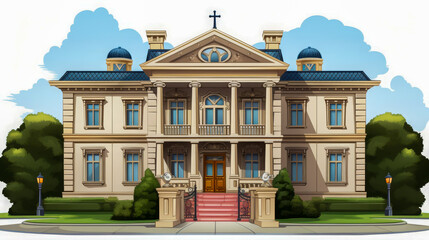 Fototapeta premium Grand mansion featuring colonial architecture, with prominent pillars, detailed facade, and lush greenery in a serene setting