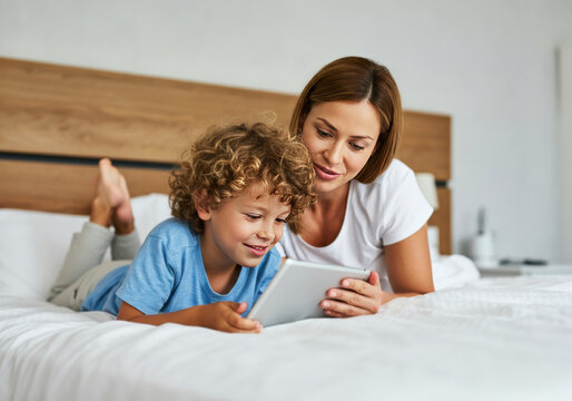 A mother and child enjoy quality time together while reading on a tablet in a cozy bedroom setting during the afternoon