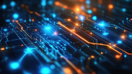 Fototapeta premium Abstract digital circuit board with glowing blue and orange lines.