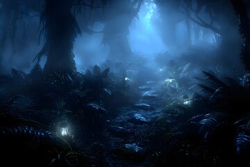 Fototapeta premium Mystical Forest Path with Lanterns at Night Enchanted Atmosphere for Fantasy Design